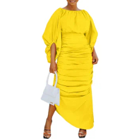 Dashiki African Dresses for Women Africa 3/4 Lantern Sleeve White Yellow Pleat Long Maxi Dress Party Evening Gowns Outfits S-3XL