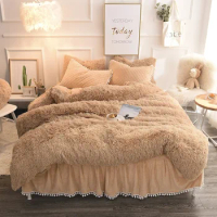 Luxury Plush Shaggy Bedding Set Faux Fur Duvet Cover Quilted Ruffle Bedskirt Pompoms Fringe Pillow Shams