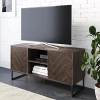 Tv Stand Console Cabinet TV Stand with Hidden Storage Herringbone Pattern Wood Metal, Gray/Black ,tv Stands