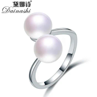 Dainashi 100% Genuine Freshwater Cultured Pearl Ring Fashion Design 925 Sterling Silver Simple Open Adjustable Ring for Women