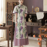 FZSLCYIYI Vintage Printed Satin Chinese Style Cheongsam Women Modern Improve Qipao Female Vietnam Ao Dai Dress