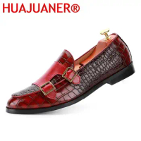 2023 Luxury Dress Shoes Mens Classic Crocodile Pattern Leather Shoes Monk Buckle Strap Pointed Toe Party Loafers Shoes for Men