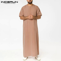 YJFINCERUN 2024 lelaki Muslim Jubba Thobe satu warna Vintage berdiri kolar lengan panjang jubah Abaya kasual lelaki islam arab KaftanJGF