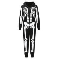 Skeleton Onesie Pajama for Women Plush Skeleton Jumpsuit Zippered Halloween Hoody Pajama for Adult Sleepwear Costume Black