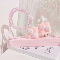 Cute Pink Cat Paw Soft Charger Cable Protector Case Spiral Wrap Cable Winder Sets for Iphone 12 for Apple 18W 20W Charger Case