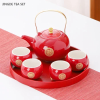 Red Ceramic Teaware Suit Chinese Wedding Tea Set Handmade Tea Pot and Cup Set Customized Household Porcelain Beauty Teacup