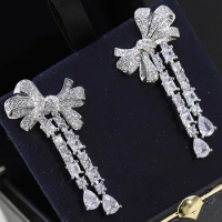Custom Real Solid 18K White Gold Women Stud Earrings Bowknot Tassels Moissanite Diamonds Wedding Party Engagement Anniversary