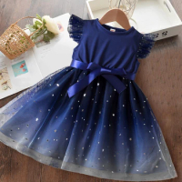 2024 Girls Summer New Flying Sleeves Sequins Mesh Dresses for Kids Girls Children's Princess Dress 2-6 Yrs Baby Girl Casual Wear