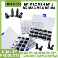 M1 M1.2 M1.4 M1.6 M2 M2.3 M2.5 M3 M4 Black Round Head mini phillips tapping screw Cross machine screws set kit for electronics