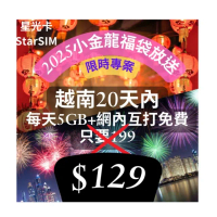 【星光卡 STAR SIM】越南上網卡＋網內互打免費 20天內每天5GB(越南旅遊上網卡 2025小金龍福袋)