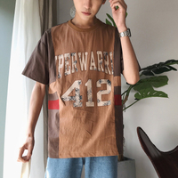 FINDSENSE H1 2018 夏季 日本 個性 做舊 咖啡色 T恤 潮流 寬鬆 短袖  時尚 男 體恤  上衣