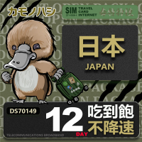 【鴨嘴獸 旅遊網卡】Travel sim日本 12天 吃到飽 純上網 不降速網卡(日本旅遊 高流量上網 上網卡)