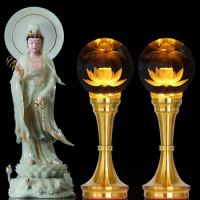 2P # Wholesale Buddhism supply HOME temple altar worship tool crystal GUAN YIN Buddha Lamp God of wealth Light 27cm large