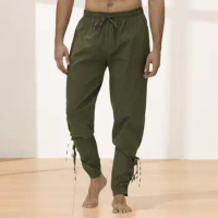 Men Solid Color Leggings Men Ergonomic Design Pants Traditional Medieval Theater Costumes Men's Mid-rise Elastic Drawstring
