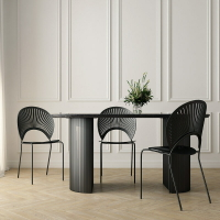 法式復古黑色實 木餐桌桌椅組合樣板間大理石餐桌橢圓形中島臺桌