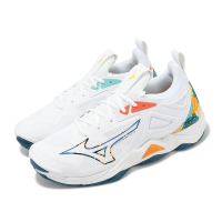 【MIZUNO 美津濃】排球鞋 Wave Momentum 3 男鞋 白 綠 橘 襪套 室內運動 美津濃(V1GA2312-56)