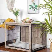 Soft padded dog cage furniture, large wooden dog cage with double doors, indoor dog house gray