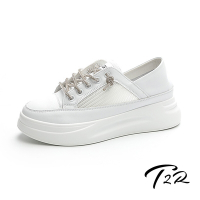 T2R-正韓空運-水鑽鞋帶造型-真皮網布拼接厚底休閒鞋(可當穆勒鞋)-增高約6公分-白