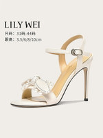 Lily Wei【深海遺珠】米白色細跟涼鞋多跟高可選珍珠蝴蝶結高跟鞋