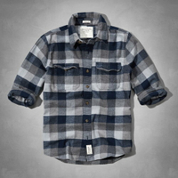 美國百分百【Abercrombie &amp; Fitch】襯衫 AF 長袖 上衣 麋鹿 法蘭絨 格紋 藍 灰 男 M號 C484