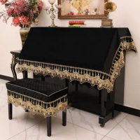 Checkered Velvet Piano Half Cover Golden Embroidered Lace Edge Piano Dustproof Cloth European Thickened Anti Slip Stool Cover