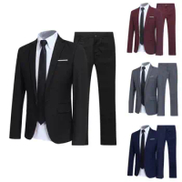 Formal Suit Set Fashion Buttons Pockets Blazer Men Business Suit Set Formal Turndown Collar Suit for Dating