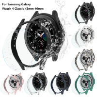 Glass+Case for Samsung Galaxy Watch 4 Classic 42mm 46mm,PC Matte Cover All-Around Protective Bumper Shell for Galaxy Watch 4
