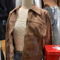 Vintage Brown Corduroy Short Jacket Women Casual Turn Down Collar Autumn Cotton Flight Jacket Harajuku Solid Streetwear Tops