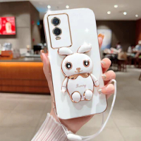 Cute Cartoon Rabbit Phone Case For VIVO Y76S Y74S 5G With Lanyard Luxury Plating Cover Fold Stand coque