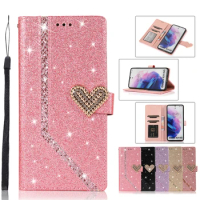 Bling Diamond Love Buckle Glitter Wallet Flip Case For Samsung Galaxy S22 Ultra S21 S20 S10 Note 20 Magnetic Leather Book Cover