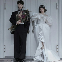 新款影樓韓式魚尾主題服裝輕復古婚紗攝影情侶寫真拍照禮服燈籠裙