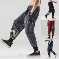 Japanese Men Pants Trousers Cotton Linen Samurai Costume Print Belt Retro Japan Fashion Haori Harajuku Streetwear Hip Hop Jogger