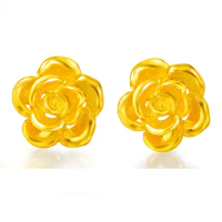 New 999 Pure 24K Yellow Gold Earrings Beauty Rose Flower Stud Earrings Women Gift