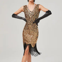 1920s Vintage Great Gatsby Party Dress Women Sexy V-Neck Sleeveless Beaded Sequin Tassel Dress Tango Dance Flapper Midi Dress