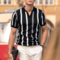 Tee Lelaki, Strveiotn, Selesa dan Kasual, Berjalur, Dikait, Baju Tee Lapel, Bernafas, Lengan Pendek,