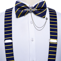 Mens Suspenders ผ้าไหมลายยืดหยุ่นปรับ Y-Shape ces Bowtie เข็มกลัดชุดสำหรับกางเกงกางเกง Clip-On Blue Man Suspender