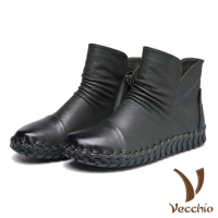 【Vecchio】真牛皮手工縫線百搭基本款舒適平底短靴(墨綠)