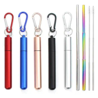 Reusable Telescopic Straw Metal 304 Stainless Steel Straw with Cleaning Brush Carry Case Collapsible Portable Drinking Straw Set