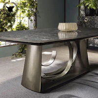 Italian style light luxury dining table high-end custom stainless steel natural marble dining table rectangular home dining tabl