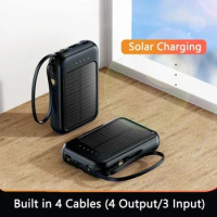 30000mAh Solar Power Bank Built Cables Thin Light Comes With Four-wire External Charger Powerbank LED Light For Xiaomi iphone