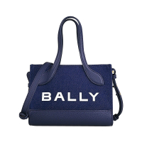 【BALLY】BALLY BAR字母LOGO牛仔布拼接皮革磁吸式手提斜背包(迷你/海洋藍)