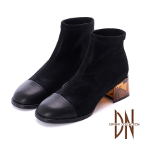 DN短靴_彈力布拼接牛皮襪套式透明跟 粗跟短靴-黑