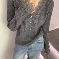 Blouse Rajut Wanita Model V Renda Brukat K393 - Cardigan, Crop, Baju, Panjang, Kancing, Cewek, Kerah