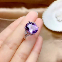 Oval Imitation Purple Crystal Ladies Open Adjustable Size Rings Women Full Zircon Sparkling Light Amethyst Silver Color Ring