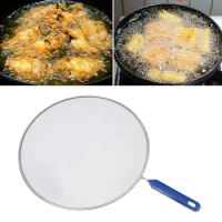 Blue Handle Kitchen Wok Oil Spillproof Mesh Cover Stainless Steel Explosion Proof Cover Oil 25cm