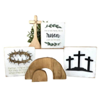 5Pcs Jesus Tomb-Easter Tray Bundle Kit, He Is Risen Wooden Easter Jesus Sign Tiered Tray Decorations, Easter Tiered Tray