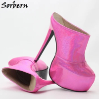 Sorbern Hot Pink Women Mules Pump High Heel Platform Slip On Stilettos Platform Shoes Thick Heels Size EU34-48 Womens Shoes