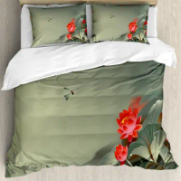 Watercolor Lotus Duvet Cover Set,Decorative 3 Piece Bedding Set With 2 Pillow Shams, Queen King Full Size, All-Season Room Decor