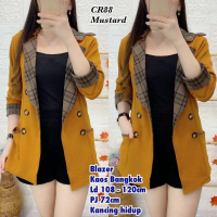 BLAZER WANITA KAOS SCUBA BANGKOK KOMBINASI KOTAK CANTIK CR88 Kancing Panjang Kantong Kerah