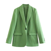 Tesco Green Women Suit One Button Suit Jacket Sets Casual High Waist Loose Straight Leg Pant conjunto femininos Suit